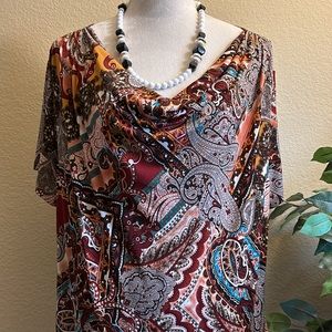 Dressbarn - Orange and Brown Paisley Short Sleeve Top with Cowlneck, 1X